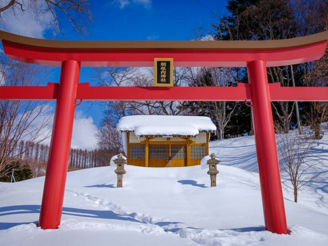 Torii rosso vermiglio immerso nella neve davanti a un piccolo santuario in legno - Watabi